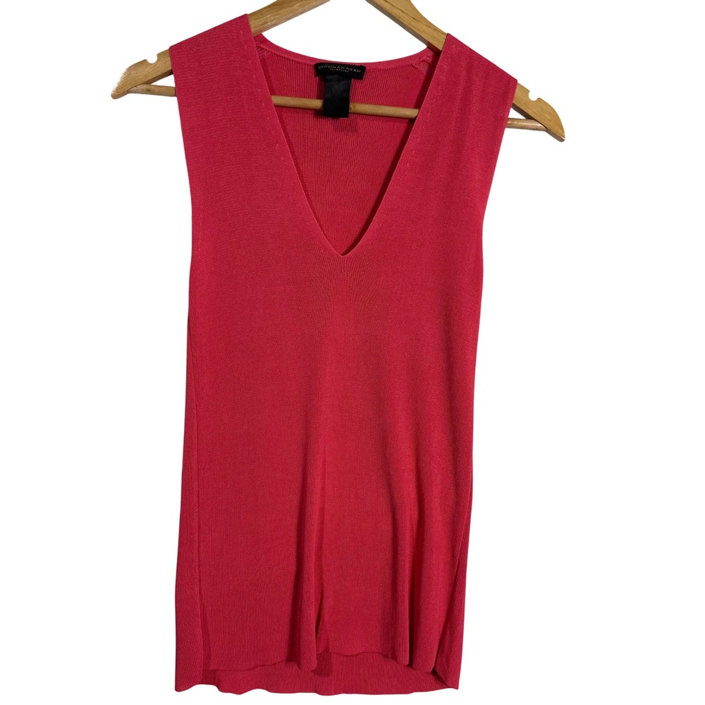 Vintage 90s Donna‎ Karan Signature Pink V-Neck Ribbed Knit Sleeveless Vest Top
